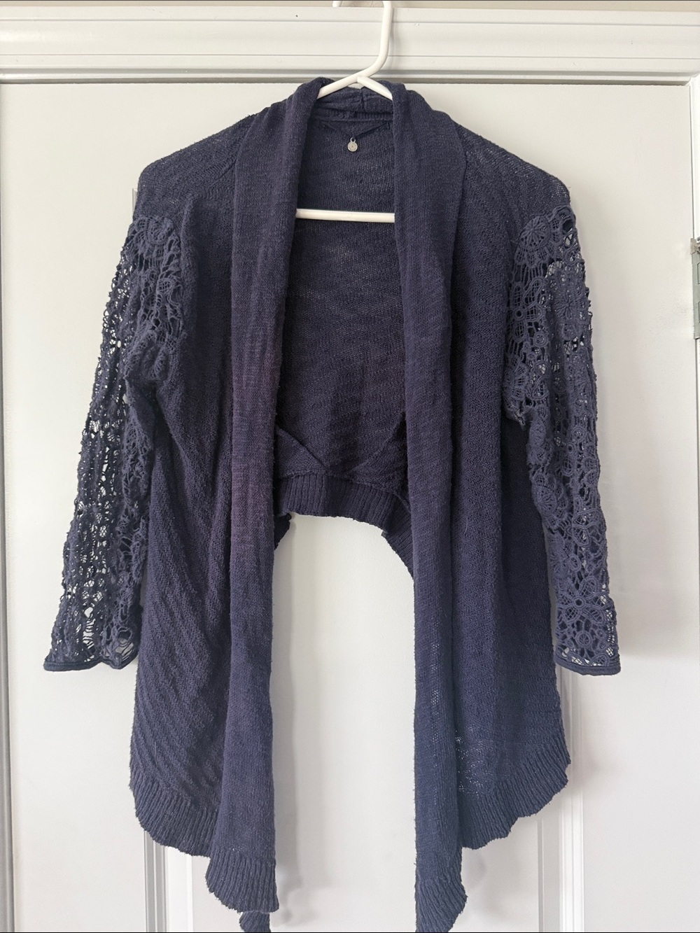 Anthropologie Women’s Open-Front Navy Crochet-Sleeve Sweater Cardigan